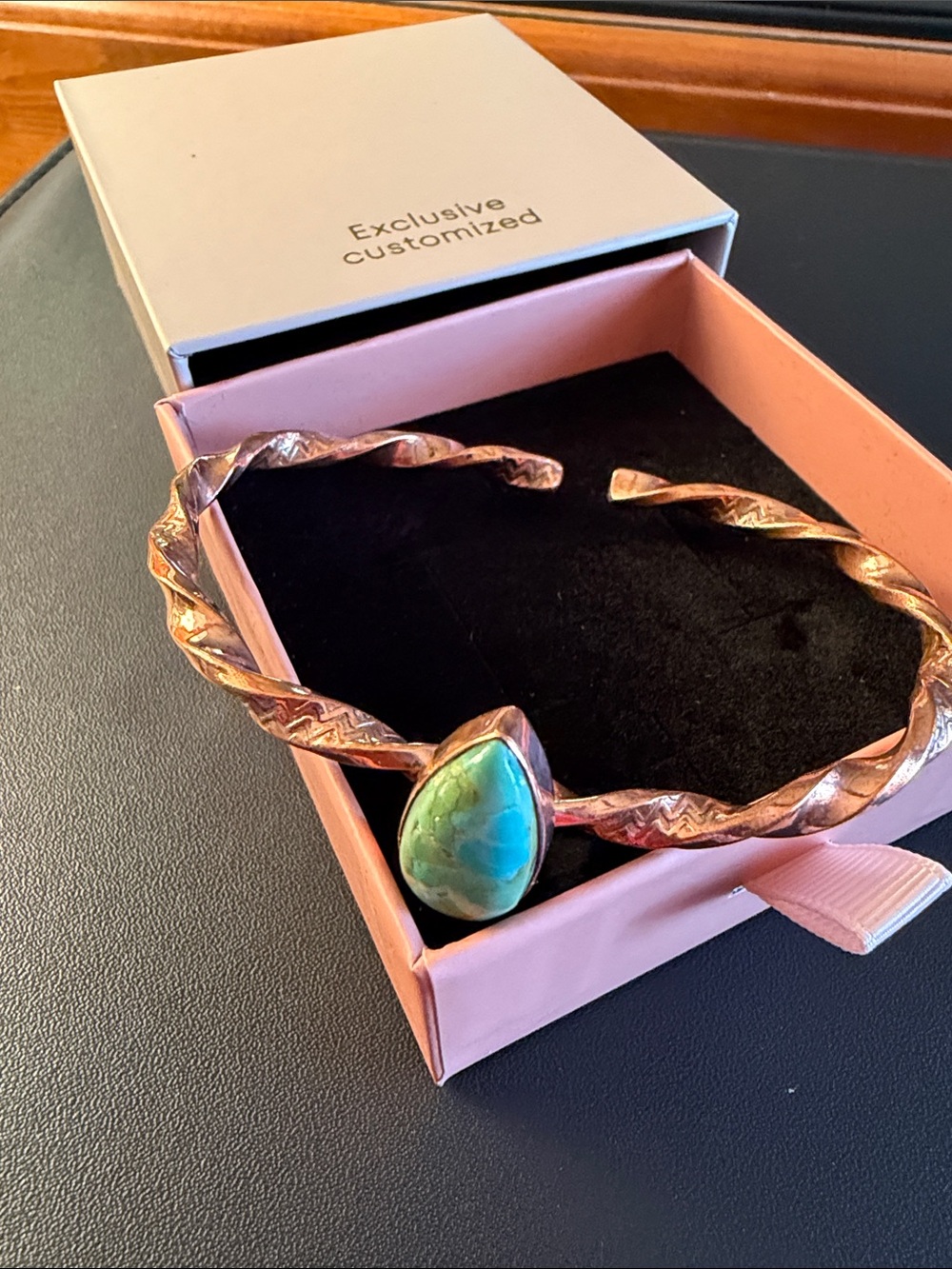 Copper Cuff Bracelet with Green Turquoise Teardrop Stone